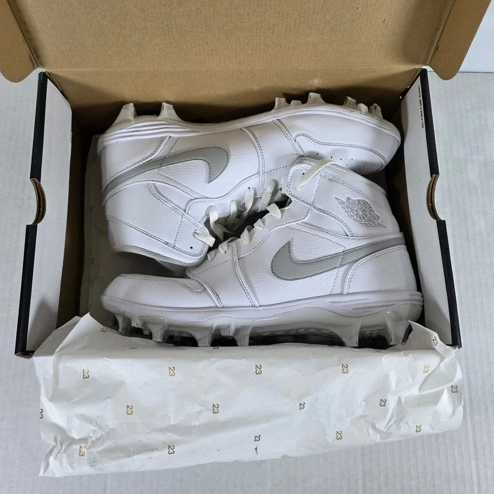 Nike Air Jordan 1 Retro Mid TD Football Cleats White Grey Fog Size 12 FJ6805-101